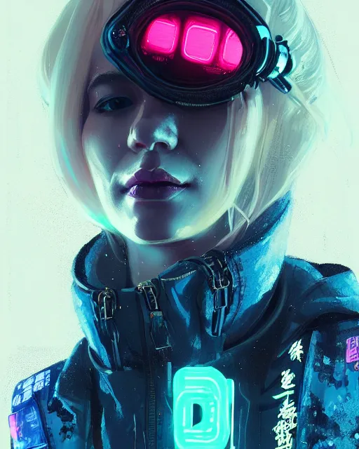 Prompt: detailed portrait neon operator lady, short wavy blonde hair, cyberpunk futuristic, neon, reflective puffy coat, decorated with traditional japanese by ismail inceoglu dragan bibin hans thoma greg rutkowski alexandros pyromallis nekro rene margitte, illustrated, perfect face, fine details, realistic shaded, fine - face, pretty face