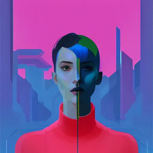 Image similar to portrait handsome androgynous sci - fi girl, blade runner 2 0 4 9, futuristic metropolis, digital art, pop art by hsiao - ron cheng