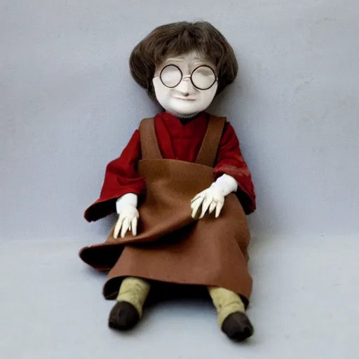 Prompt: Harry potter as a old Old worn antique doll on, white background, award winning photo