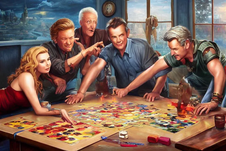 Image similar to portrait of bob barker playing twister with scarlett johansson, an oil painting by ross tran and thomas kincade