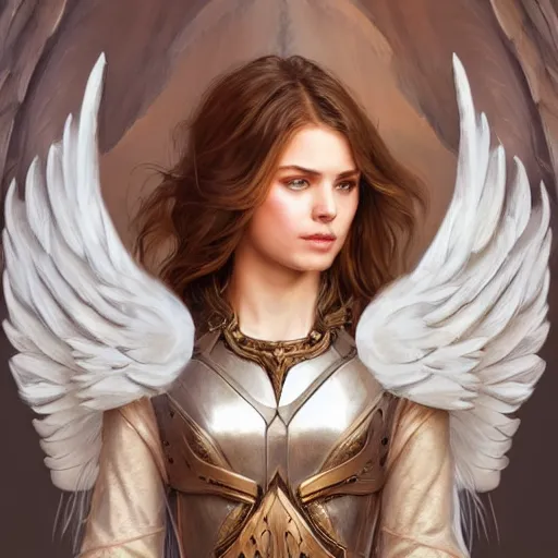 Image similar to portrait of young aasimar angel girl maiden wearing comfy leather armor with beautiful feathered angel wings, Alison Williams, innocent, intricate, elegant, highly detailed, digital painting, artstation, concept art, smooth, sharp focus, illustration, art by artgerm and greg rutkowski and alphonse mucha