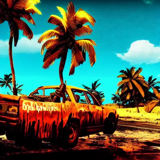 Image similar to far cry car leaking black tar chaotic intensive apocalyptic adrenaline anger oil black tar landscape wasteland miami desert landscape natural disasters sunset palm trees landscape hotline Miami style