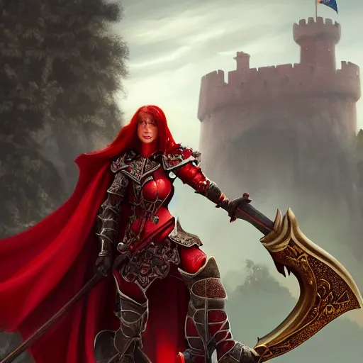 Image similar to A noble female red dragonborn paladin with a halberd heroically posing in front of a castle, fantasy, medieval, cinematic, plate armor, serious expression, 8k, trending on artstation, Bayard Wu, Rudy Siswanto, Sam Santala, In the style of Clint Cearley