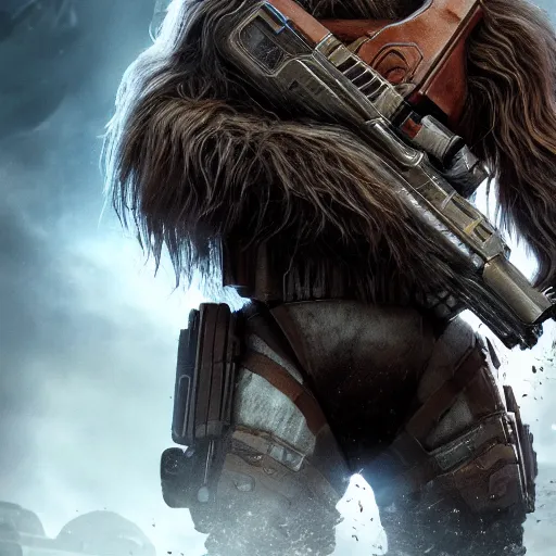 Image similar to chewbacca in gears of war, splash art, movie still, detailed face, photorealistic facial features, cinematic lighting, dramatic, octane render, long lens, shallow depth of field, bokeh, anamorphic lens flare, 8 k, hyper detailed, 3 5 mm film grain