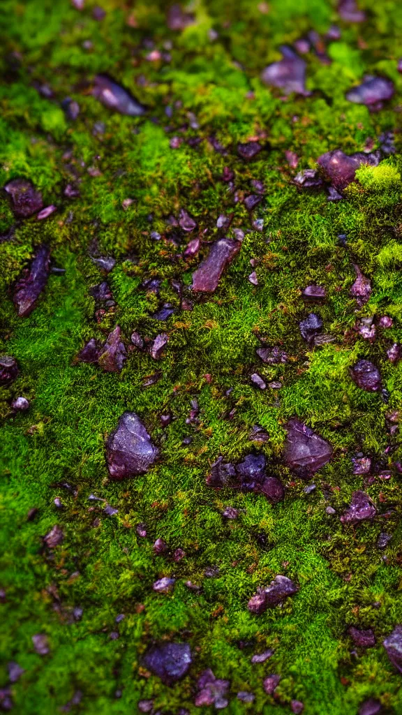Prompt: macro photo of moss, a crystal heart is laying on the moss, light rays are coming through the leaves above, god rays, beautiful award winning macro photography, trending on artstation