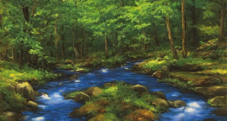 Prompt: a breathtaking painting of a stream in a forest by Bob ross