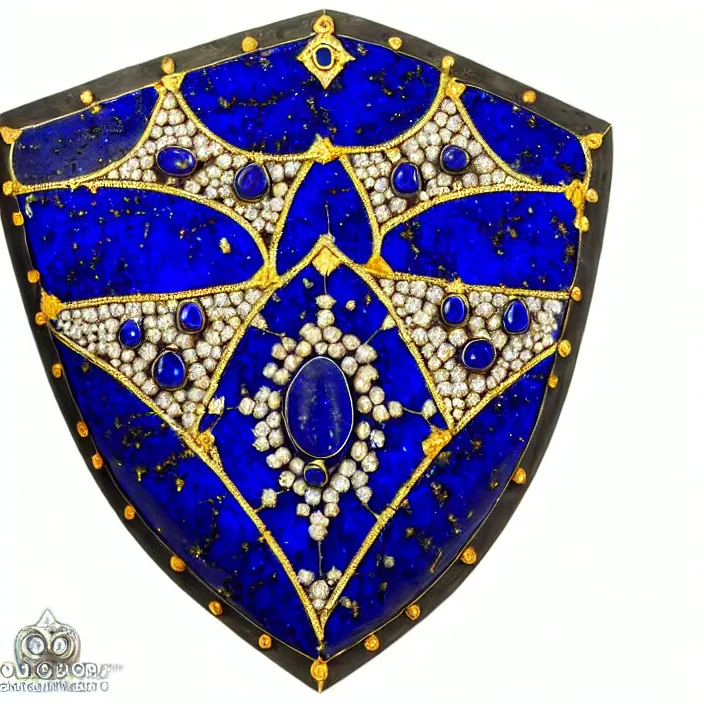 Prompt: photograph of a real-life lapis lazuli shield with jewels. Extremely detailed. 8k