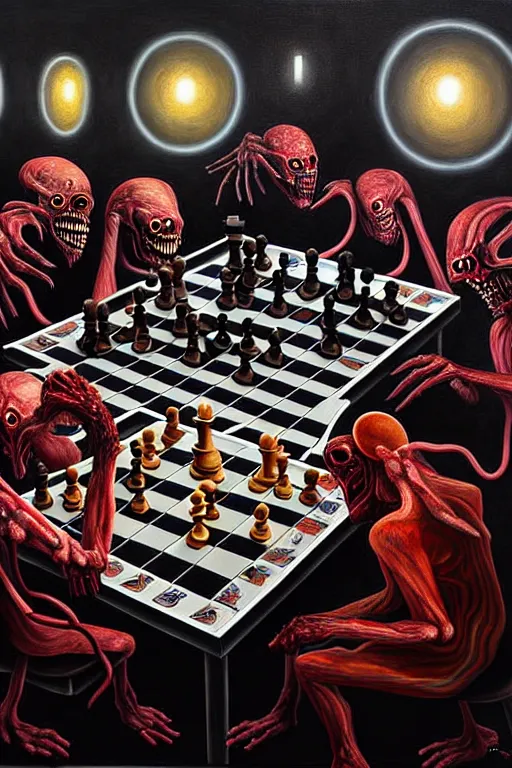 Prompt: a hyperrealistic painting of a game of chess played by nightmare creatures, cinematic horror by jimmy alonzo, the art of skinner, highly detailed, vivid color,