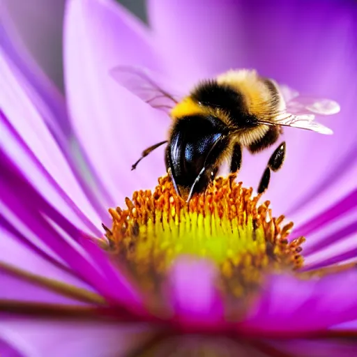 Image similar to an extreme close - up portrait of a bee on a flower, photographic filter, unreal engine 5, realistic, hyperdetailed, 8 k, cinematic, volumetric lighting, very realistic effect, hd, hdr, 4 k, sharp focus, octane render, ultra detailed, high resolution, trending on artstation in the style of albert dros glowing rich colors powerful imagery