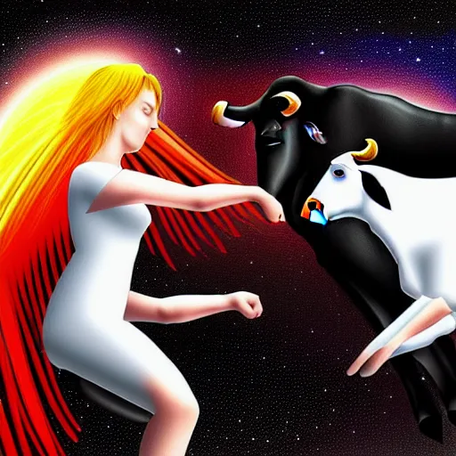 Image similar to angel and demon arm wrestling in space while a cow flies in the background, realistic, digital art,