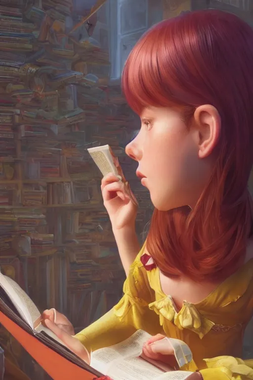 Image similar to highly detailed portrait of beautiful girl reading a book in toy story 3, detailed hands, dynamic pose, stephen bliss, unreal engine, fantasy art by greg rutkowski, loish, rhads, ferdinand knab, makoto shinkai and lois van baarle, ilya kuvshinov, rossdraws, tom bagshaw, global illumination, radiant light, detailed and intricate environment