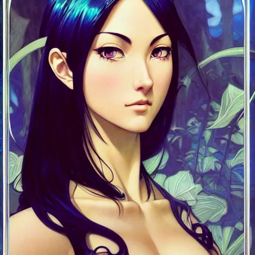 Image similar to intricately detailed vfx portrait of nico robin by eiichiro oda!, makoto shinkai, alphonse mucha, art by artgerm and greg rutkowski!, blue eyes!!, large aquiline nose!!, best of behance, concept art, matte, sharp focus, adolphe bouguereau, annie leibovitz, stanley kubrick,