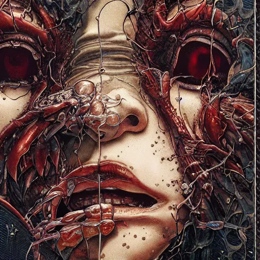 Image similar to closeup of face melting in agony, inside a frame on a tiled wall, frontal picture, by yoichi hatakenaka, masamune shirow, josan gonzales and dan mumford, ayami kojima, takato yamamoto, karol bak