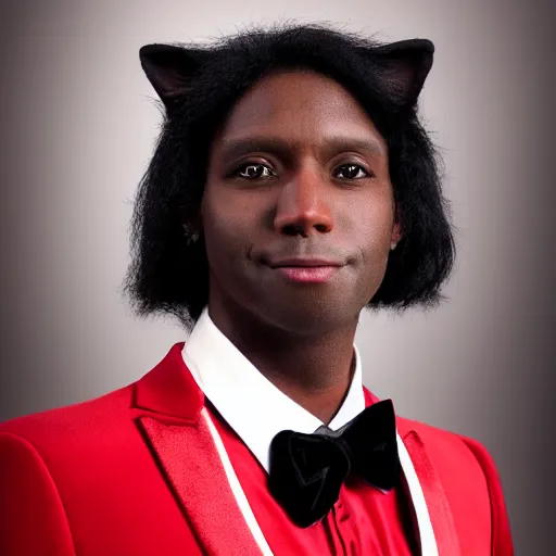 Image similar to realistic photo portrait of a black male anthropomorphic fox with long black hair over his collar bone, wearing a dark red colored tuxedo