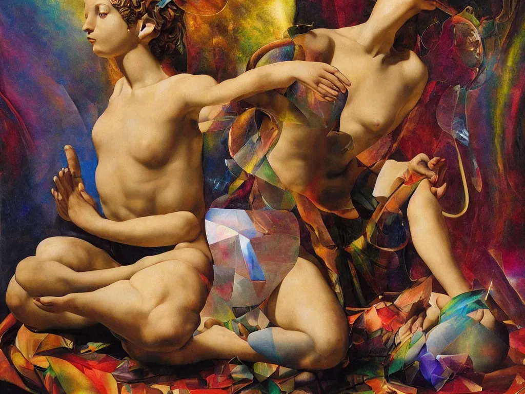 Image similar to hyperrealistic still life painting of a 3d statue sitting down cross legged goddess meditating, wrapped in fabric and gently smiling, nautilus shell surrounded by refracting rainbow prisms in a tesseract, , botanical print, surrealism, vivid colors, serene, golden ratio, sacred geometry, abstract impasto brushtrokes. by Caravaggio