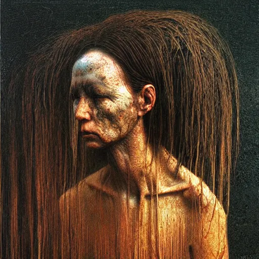 Prompt: portrait of 9000 years old girl, painting by Beksinski