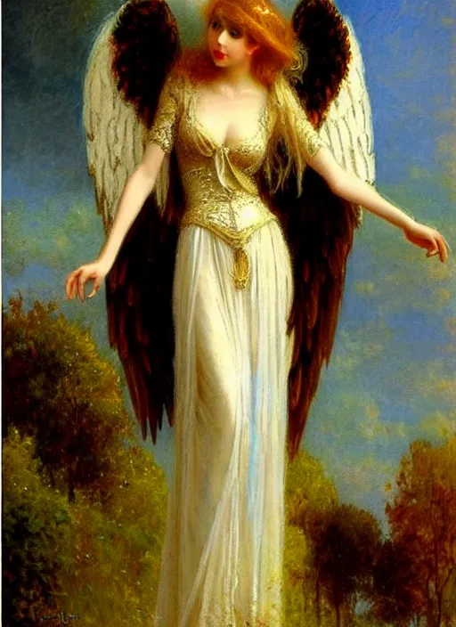 Image similar to vertical prtrait of an angel knight gothic girl, baroque dress. by gaston bussiere