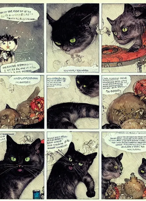 Image similar to a hyper realistic ink cat in a spaaceship 6 panel comic by chiara bautista and norman rockwell and greg rutkowski weta studio, and lucasfilm