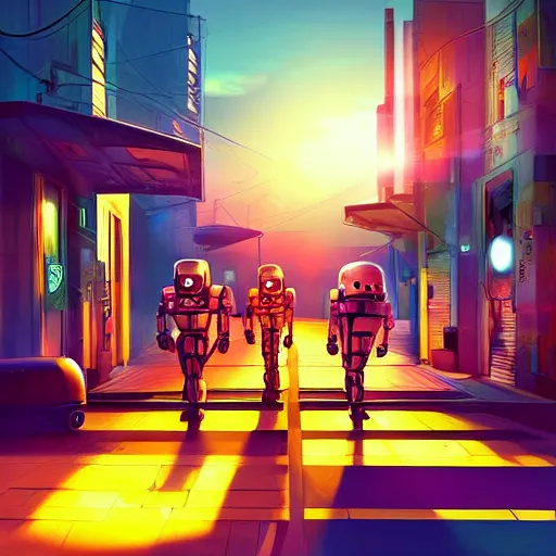 Image similar to beautiful 3 d illustration about a futuristic, dystopian street with droids and robots at sunset. lot of neons. trending on artstation