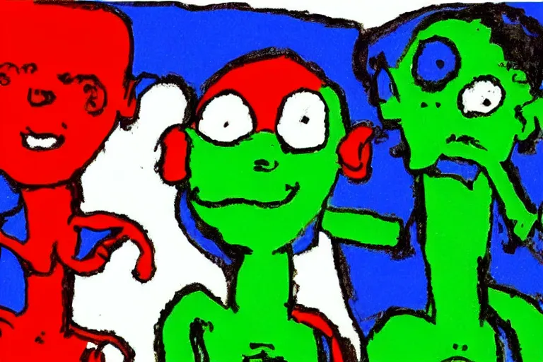 Image similar to red on green blue black simple colors white background simple ms paint doodle of group portrait of grey goblins looking funny looking smug