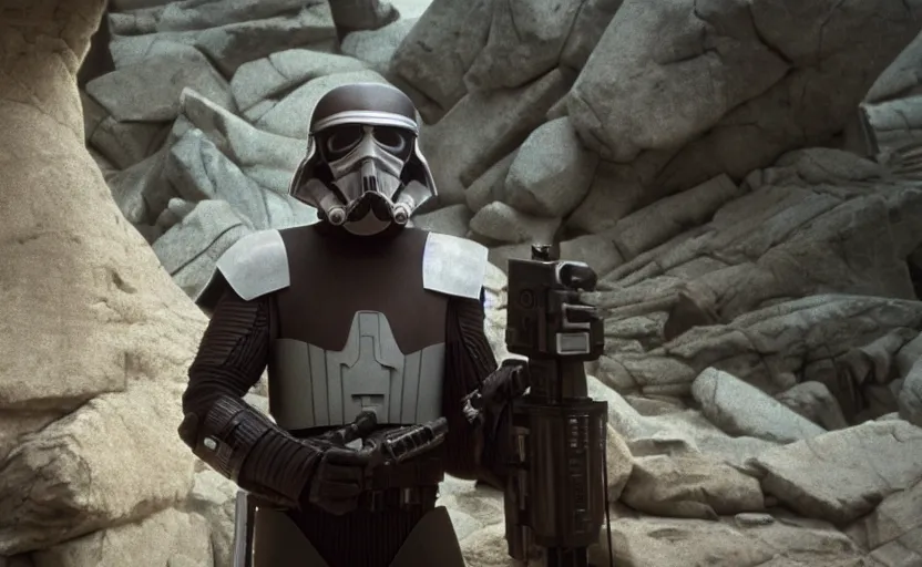 Image similar to screenshot portrait of Luke Skywalker, played by Mark Hammill, wearing deathtrooper armor, outside a rocky Jedi Temple scene from The Force Awakens, 1980s film by Stanley Kubrick, moody lighting, stunning cinematography, hyper-detailed, sharp, anamorphic lenses, kodak color film, 4k