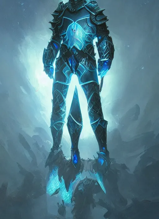 Image similar to a knight in amazing fantasy armor that glows, bursting with blue light, sleek, lightweight but imposing, light glowing from the seams. shardplate. beautiful highly detailed fantasy painting by greg rutkowski