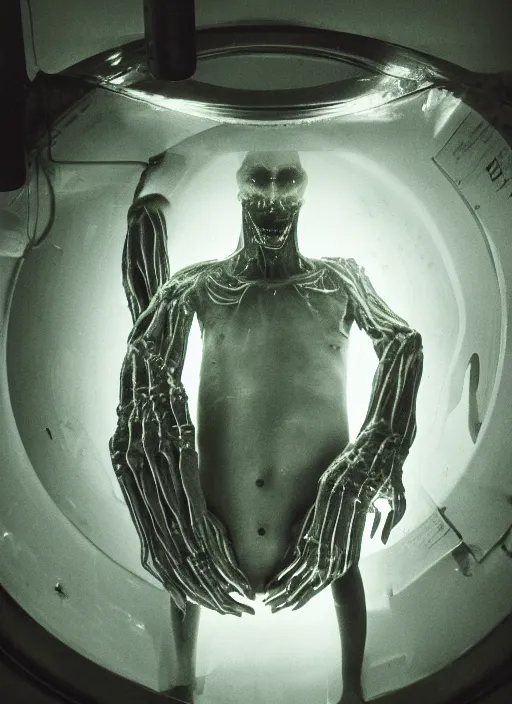 Prompt: a weird humanoid alien is suspended in a tank of dense liquid, hands held up by the pressure inside the tank, tubes coming from the top of the tank connecting to the alien's body, back lit, green glow, 35 mm film photography