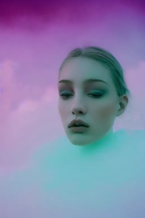 Image similar to high quality pastel coloured film close up wide angle photograph of a model wearing clothing resting on cloud furniture in a icelandic black rock!! environment in a partially haze filled dreamstate world. three point light, rainbow. photographic production. art directed. pastel colours. volumetric clouds. pastel gradient overlay. waves glitch artefacts. extreme facial clarity. 8 k. filmic.