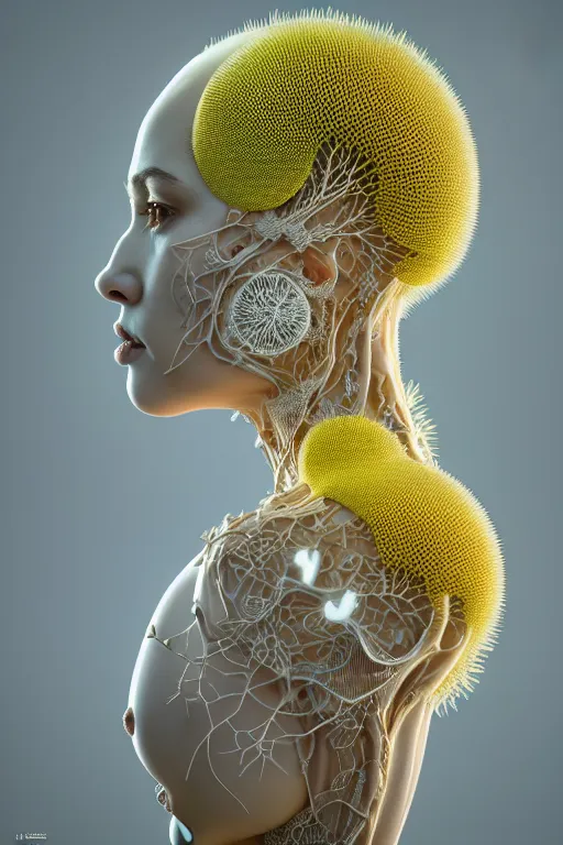 Image similar to intricate hyper detailed ultra sharp 3 d render of a beautiful porcelain biomechanical woman profile portrait, large pore fungi embroidered, cyberpunk art nouveau, haute couture alexander mcqueen leaves stems dahlia transparent fractal dandelion yellow pistil filigree roots, octane render, volumetric cinematic lighting, 8 k post - production