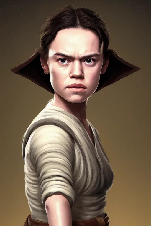 Image similar to Portrait of Daisy Ridley and Yoda's child, Yoda and Daisy Ridley child morph, digital painting, realistic shaded, realistic shaded lighting, fan art, pixiv, by Ilya Kuvshinov, morph dna, face morph, magali villeneuve, Artstation, by Jeremy Lipkin and by Michael Garmash and by Rob Rey