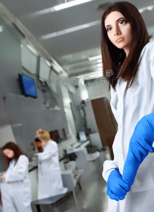 Image similar to super generic hot chick scientist, stock photo, full body wide shot