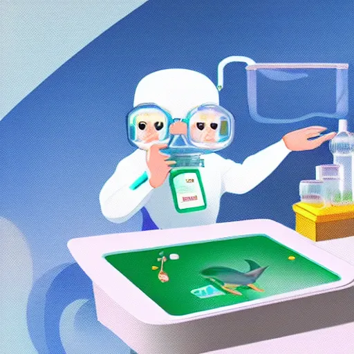 Prompt: A dolphin wearing a chemist outfit, playing games on a computer