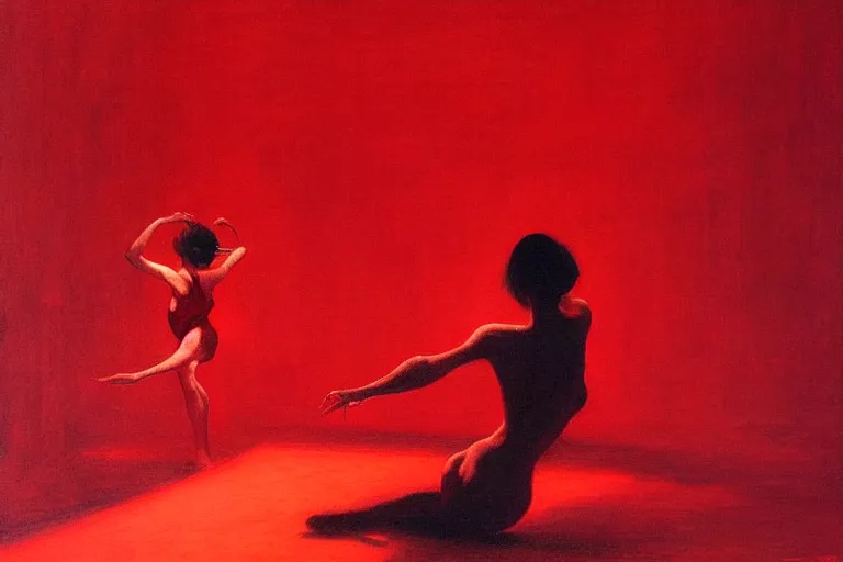 Image similar to only with red, a woman dances, tokio, in the style of beksinski, parts by edward hopper, parts by rodcenko, parts by yue minjun, intricate and epic composition, red by caravaggio, insanely quality, highly detailed, masterpiece, red light, artstation, 4 k