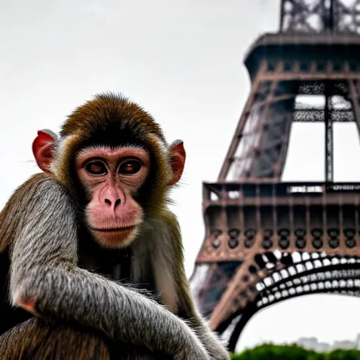 Image similar to high quality portrait of a monkey in front of eiffel tower, studio photograph, photograph, realistic photo, 8k photo, 4k photo, stock photo, high resolution, cinematic shot, high detail