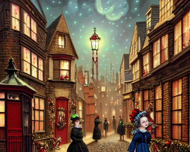 Prompt: closeup profile portrait of victorian london streets, mark ryden, lostfish, max fleischer, hyper realistic, artstation, illustration, digital paint, matte paint, vivid colors, bright, cheerful, detailed and intricate christmas environment