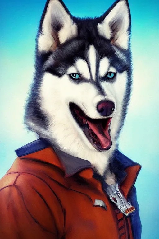 Prompt: a portrait painting of a husky in cowboy costume in the style of anime, humanoid, personify, anthropomorphic, treniding on artstation