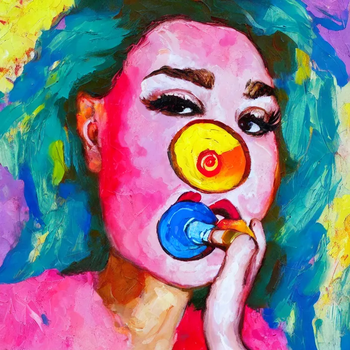 Image similar to portrait of beautiful woman licking a lollipop painted with colorful gouache impasto