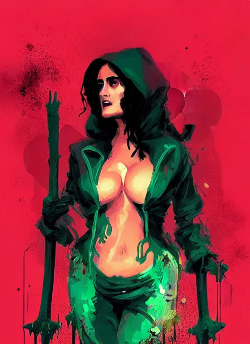 Image similar to salma hayek vampire queen, green peaks in the background, art by ismail inceoglu