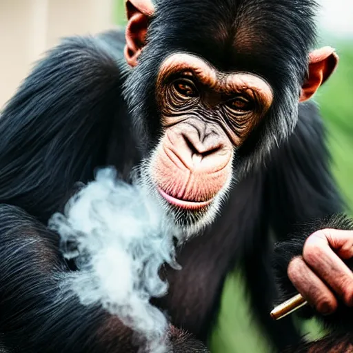 Image similar to a high detail shot of a chimp wearing a suit and smoking