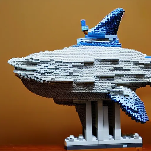 Prompt: lego sculpture of a rocket fish, thoughtful, elegant, real