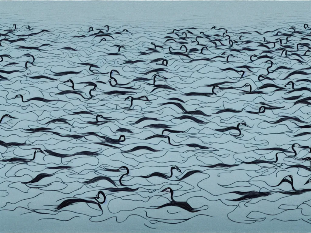 Image similar to black swans chilling in a lake that surrounded by forest, lake is light blue and sky is cloudy, by collaboration of M. C. Escher and Salvador Dali