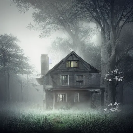 Prompt: old house in ethereal lush forest with mystical ambiance and fog, desaturated, realistic, sharp focus, highly detailed, by artgerm