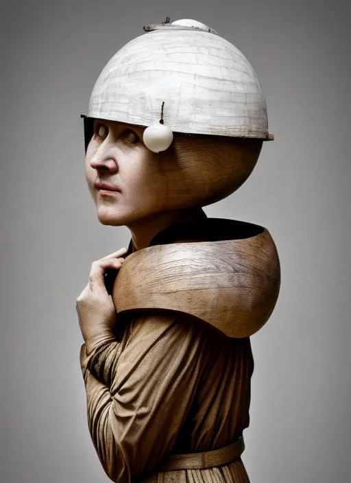 Image similar to realistic photo portrait of a a medieval wooden sculpture of a female monk dressed wearing in white spherical hat helmet made of wood, sci - fi, greyscale 1 9 9 0, life magazine photo, natural colors,