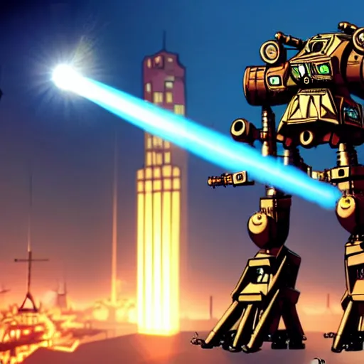 Image similar to A steampunk-style mech with machine guns, rocket launchers, and lasers towering over a city