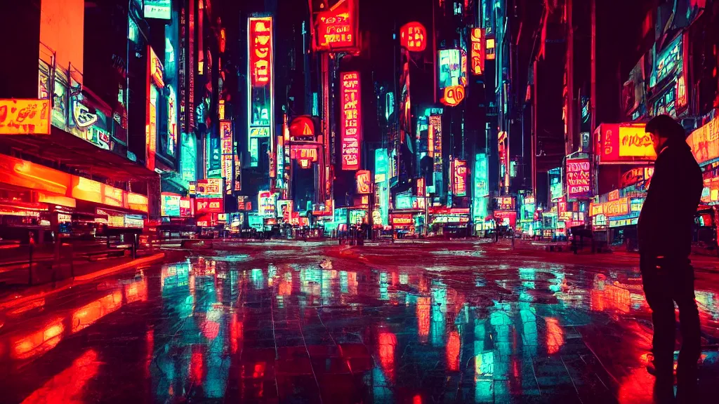 Prompt: pov of a man in the middle of a futuristic cyberpunk city, wet floors with neon signs, night