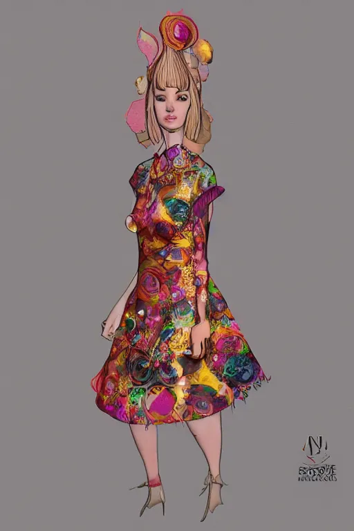 Prompt: high-end fashion design concept 60s solarpunk inspired dress