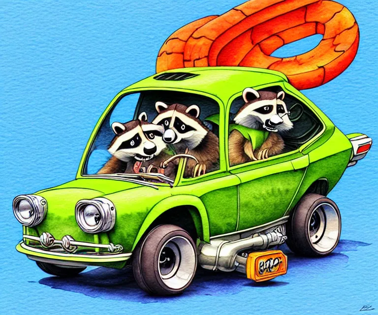 Prompt: cute and funny, racoon driving a tiny hot rod with an oversized engine, ratfink style by ed roth, centered award winning watercolor pen illustration, isometric illustration by chihiro iwasaki, edited by craola, tiny details by artgerm and watercolor girl, symmetrically isometrically centered