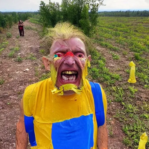 Image similar to 2 0 2 2 last selfie of last alive of frightened funny ukrainian in dirty yellow and blue clothes, trying to escape, badly injured from radiation to bones from a huge nuclear explosion at background