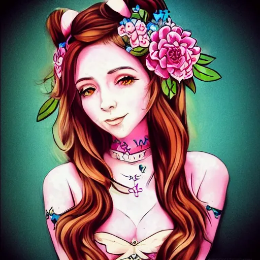Prompt: tattoo design, stencil, tattoo stencil, traditional, beautiful portrait of a Belle Delphine with flowers in her hair, upper body, by artgerm, artgerm, artgerm, digital art, cat girl, anime eyes, anime, sexy-s 100