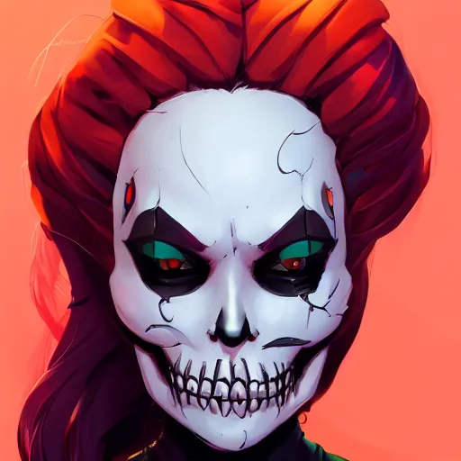 Prompt: a portrait of a girl skull face, batman, in the style of artgerm, charlie bowater, atey ghailan and mike mignola, vibrant colors and hard shadows and strong rim light, plain background, comic cover art, trending on artstation